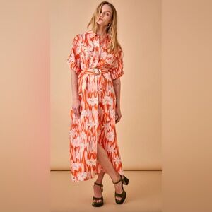 New Hunter Bell Charlotte Short Sleeve Shirt Maxi Dress  Pockets Belted Size XS